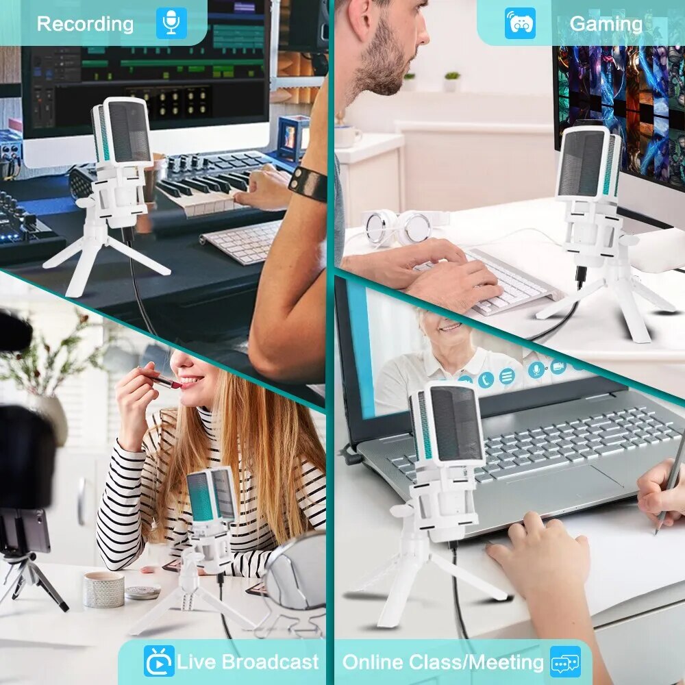 Zealsound USB Condenser Recording Microphone White RGB Streaming Mic For PC And Mac with Android Phone Adapter Headphone Output