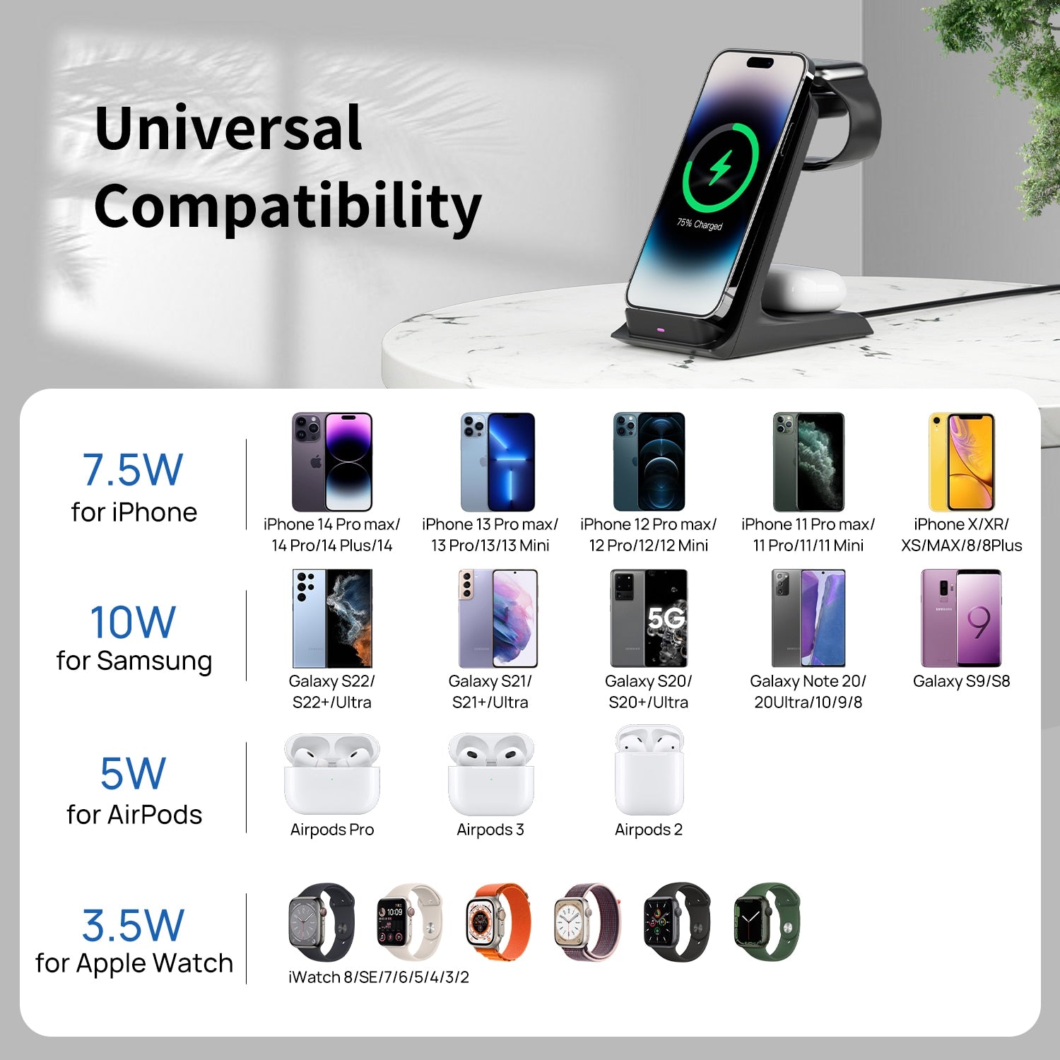 KPON 3 in 1 Wireless Charger Stand For iPhone 14 13 12 11 Apple Watch Ultra 8 7 6 5 Airpods Pro 2 3 Qi 15W Fast Charging Station