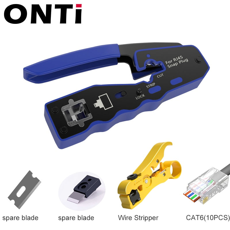 ONTi RJ45 Pass Through Crimper Tool and Rj45 Connector, Ethernet Crimper Crimping Tool Wire Stripper Cutter for Cat6a Cat5