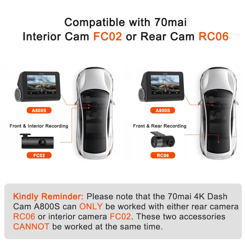 70mai 4K Dash Cam A800S Built-in GPS ADAS 140°FOV 70mai Camera Car DVR 24H Parking Monitor Front Cam Only, Support Rear Cam