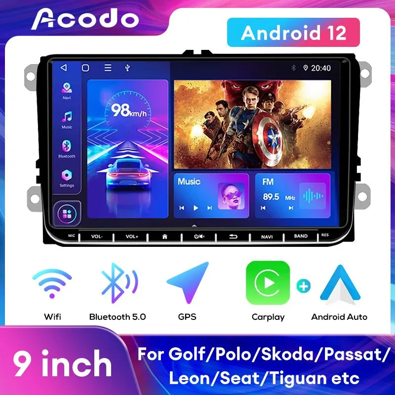 Acodo 9inch Android 12 Car Multimedia Player GPS BT WiFi Carplay For VW Golf Polo Skoda Passat Seat Leon Auto Radio