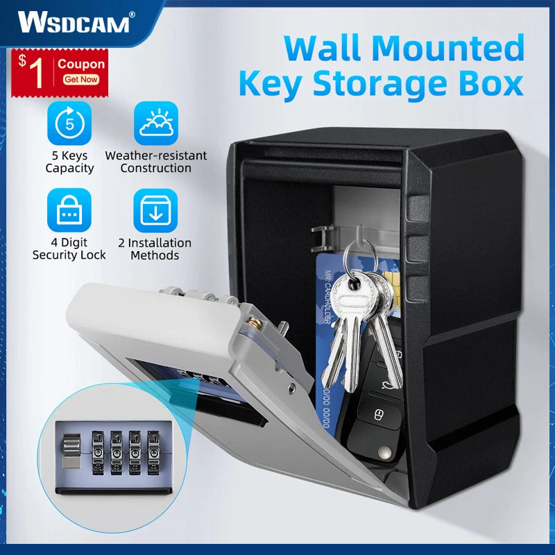 Wsdcam Wall Mount Safe Box 4 Digit Password Lock Metal Key Box Waterproof Anti Theft Safe Deposit Box Security-protection