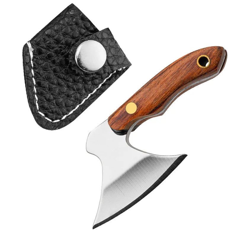 Stainless Steel Mini Axe Keychain with Small Leather Sleeve Portable Wood Handle Hatchet Express Knife Cutter
