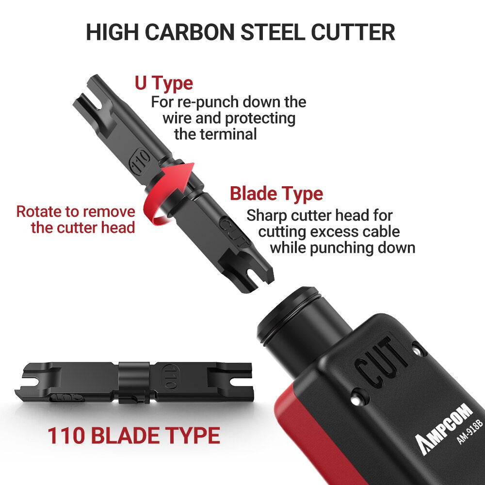 Punch Down Tool AMPCOM 110 Type Multi-function Network Cable Tool with Two Blades Telephone Impact Terminal Insertion Tools