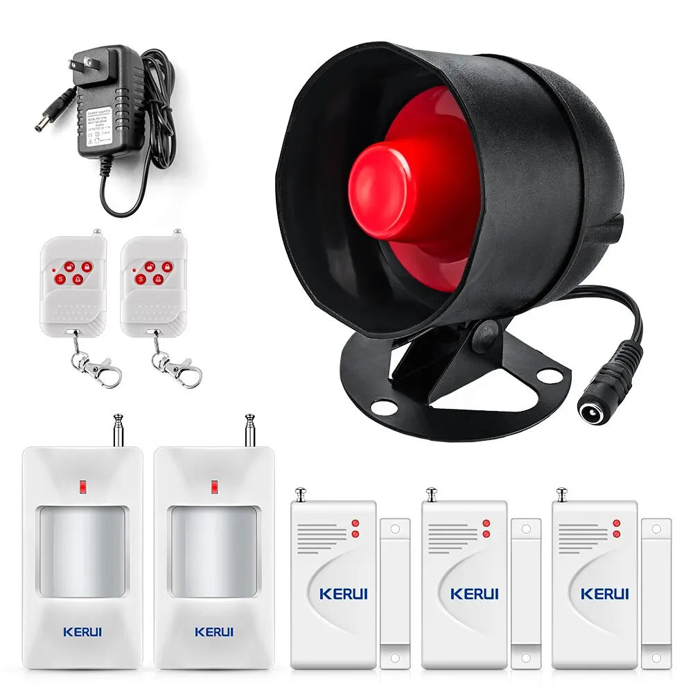 KERUI Security Alarm System Kit 110dB Wireless Loud Indoor/Outdoor Weatherproof Siren Horn with Remote Control and Door Contact