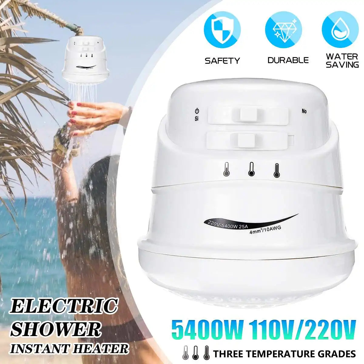 2m Hose 5400W Electric Shower Head Tankless Instant Hot Water Heater 3 Temperature Adjustable Portable Calorifier 110V/220V