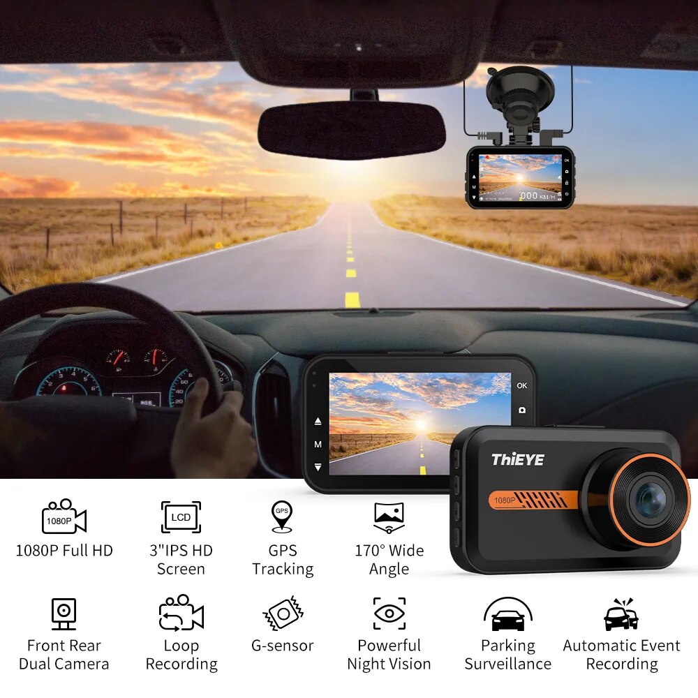 ThiEYE 3.0 Inch Dash Cam Dual Lens 1080P HD Recording Car Camera DVR Car Recorder Stream Media With G-Sensor Motion Detection