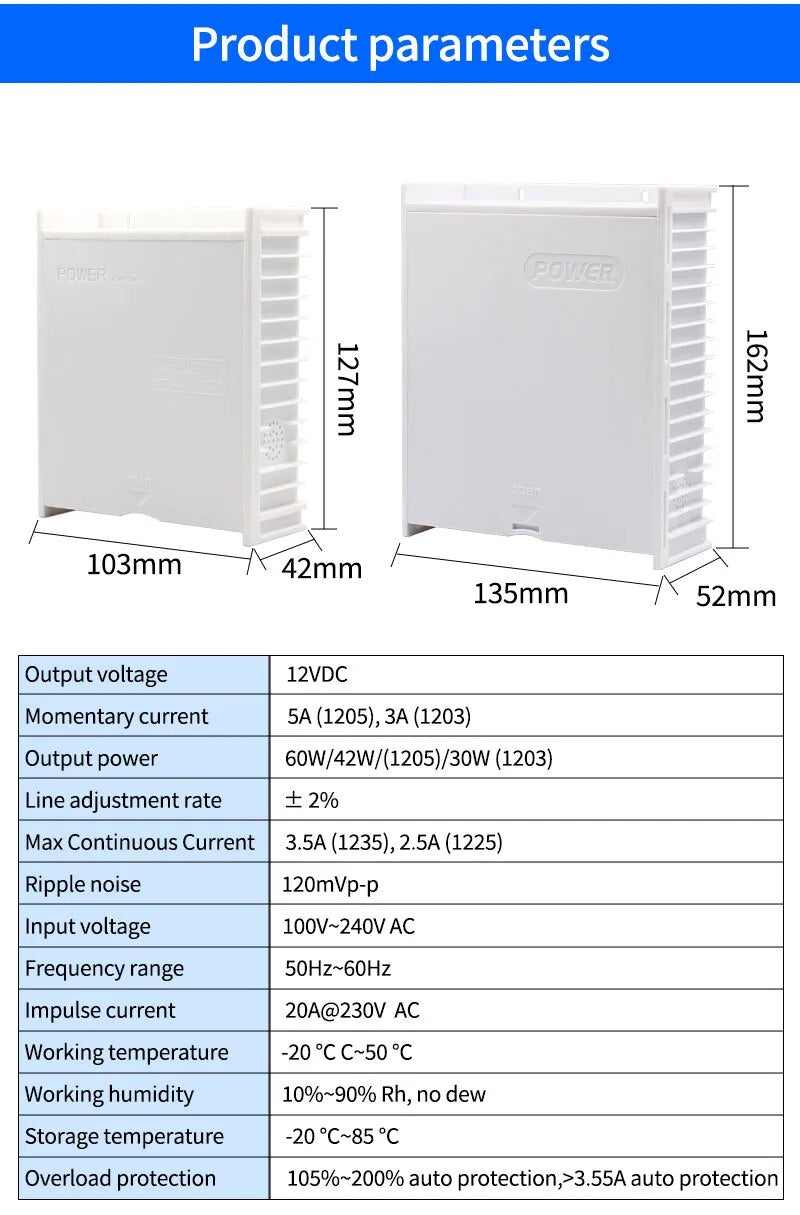 DC 12V 2A/3A/5A Power Supply w/ Backup Battery Interface RFID card Access Control System Power Supply AC 100~240V