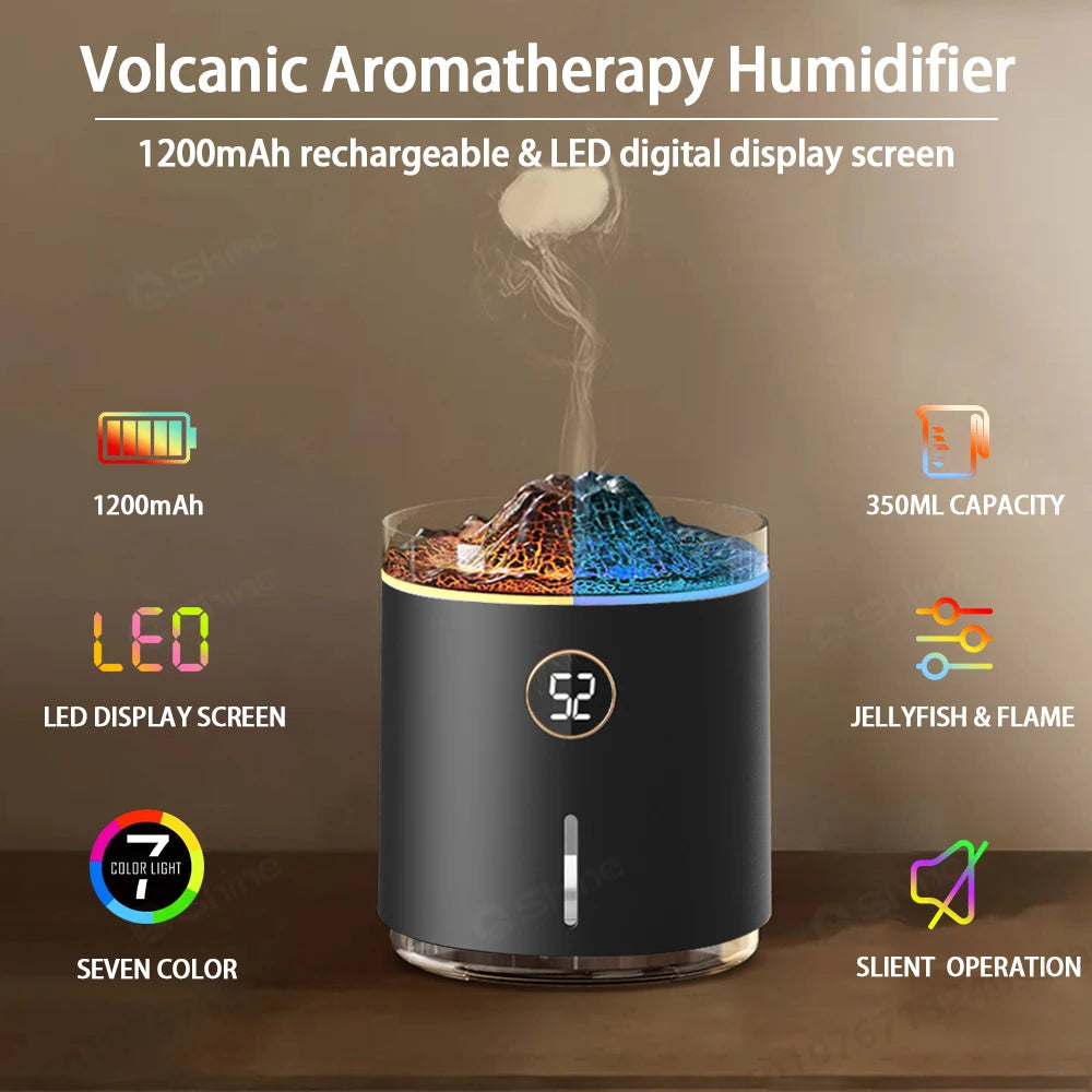 1200mAh LED Volcano Humidifier Diffuser Essential Oils Aroma Diffuser Flame Humidifier Mist Sprayer Aromatherapy Air Humidifier