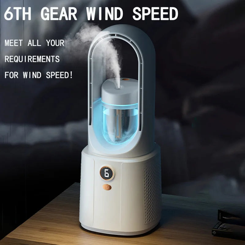 2023 Newest Electric Bladeless Fan Water Mist Fan 2200mAh Wireless Rechargeable Fan Desktop Fan Air Cooler With Night Light