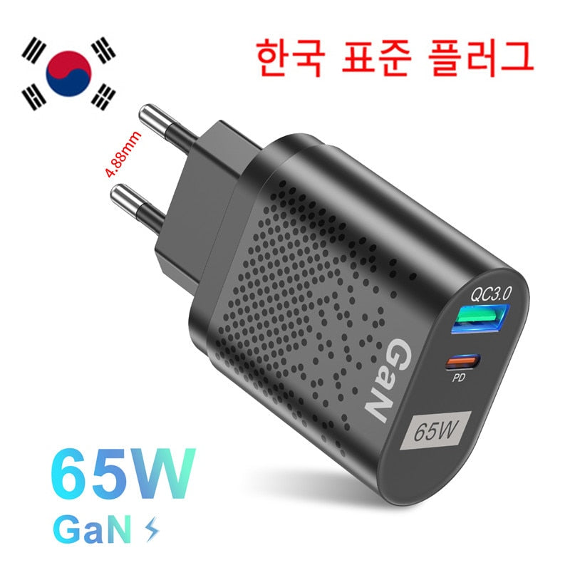 USLION 65W GaN Charger Tablet Laptop Fast Charger Type C PD Quick Charger Korean Specification Plugs Adapter For iPhone Samsung