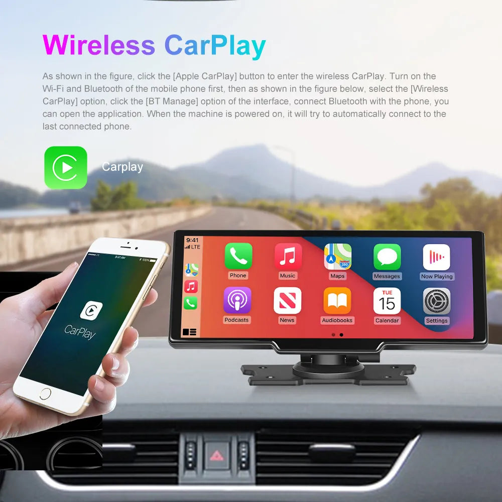Podofo Car Mirror Video Recording Carplay & Android Auto Wireless Connection GPS Navigation Dashboard DVR AI Voice
