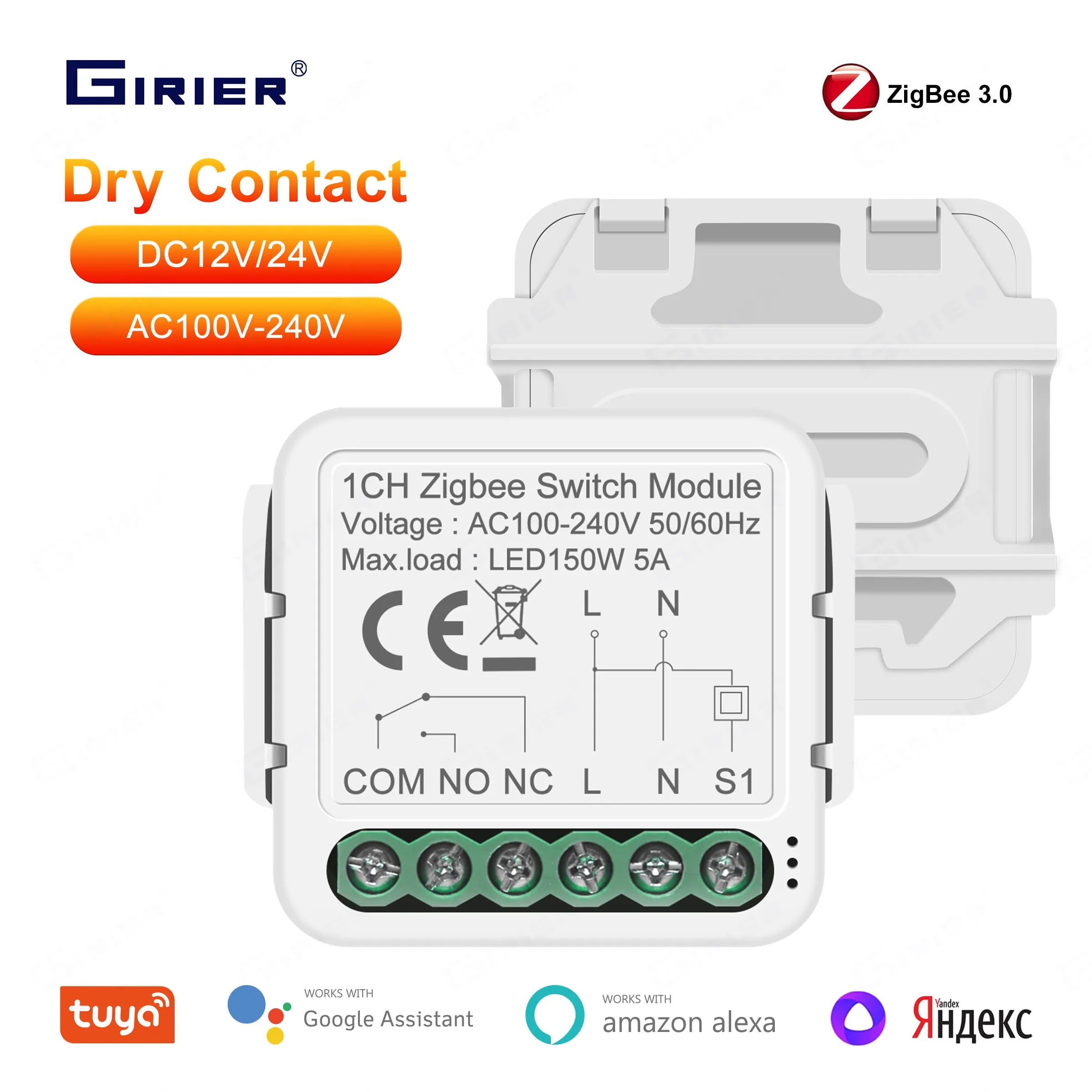 GIRIER Smart ZigBee Switch Module Dry Contact 5A Universal Breaker Relay DC 12/24V AC 100-240V Works with Alexa Alice Hey Google