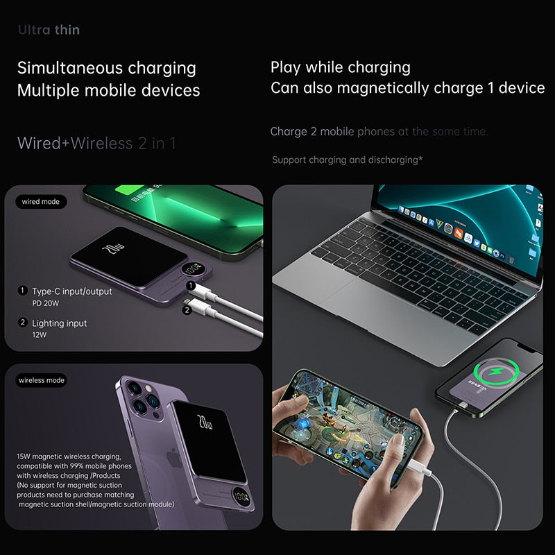 10000mAh Magnetic Power Bank PD20W Magsafing Fast Charging External Battery For Iphone 15W Wireless Charge Powerbank For Huawei