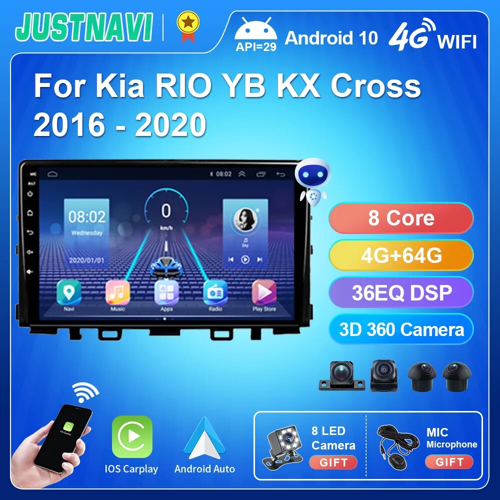 JUSTNAVI Car Radio Stereo For Kia RIO YB KX Cross 2016-2020 Multimedia Video Player Android 10.0 Navi GPS Autoradio Carplay 2Din