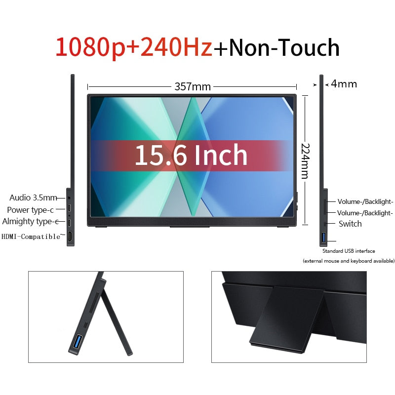 15.6 inch 1080p Touch Screen IPS Portable Monitor with HDR USB-C HDMI-Compatible for Mobile Laptop Xbox PS4/5 Switch Metal Shell