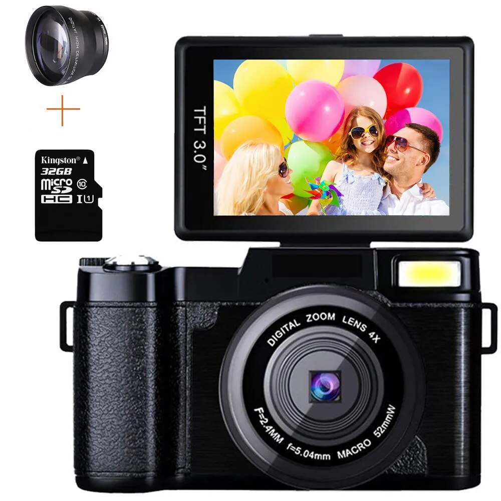 Digital Camera 24MP Video Camera 4X Zoom Rotatable Screen Full 1080P Anti-shake SLR Camcorder Photo w/ Wide Lens and 32GB Card