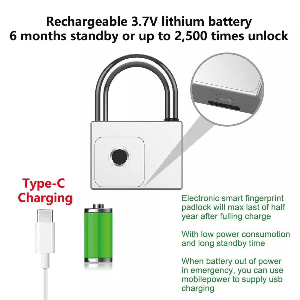 Tuya BLE Smart Fingerprint Padlock Waterproof USB Charging 0.2sec Unlock Portable Anti-theft Zinc Padlock P70