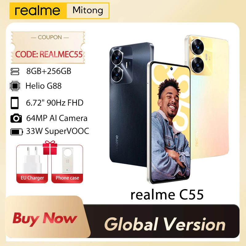 realme C55 smartphone 64MP AI Camera Helio G88 Processor 6,72'' 90Hz Display 5000mAh Battery 33W Charge Global Version 8GB+256GB
