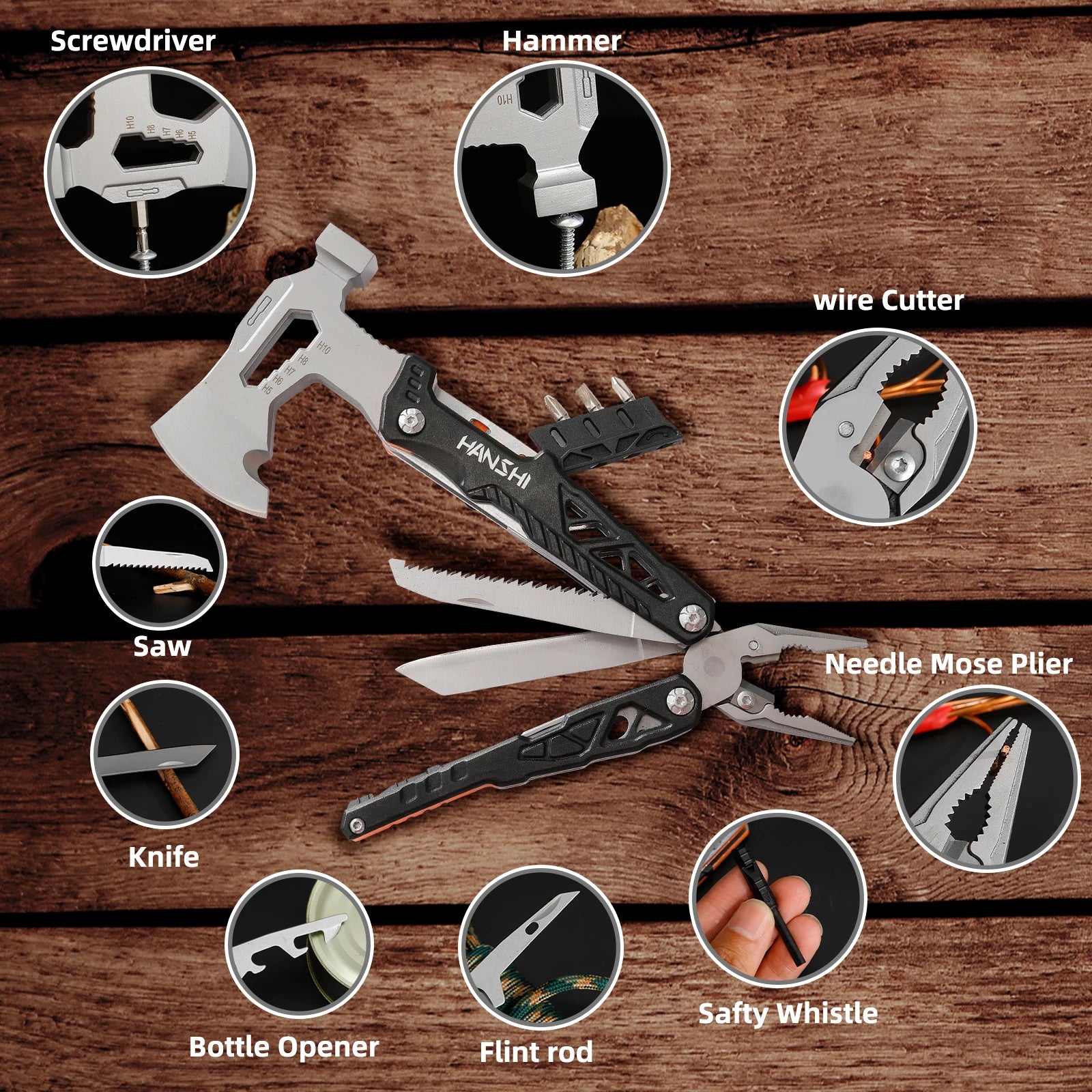 HANSHI 17 in 1 Pocket Multitool Axe with Sheath YG10 Replaceable Wire Cutter Multi Function Tool with Plier Hatchet Hammer Knife