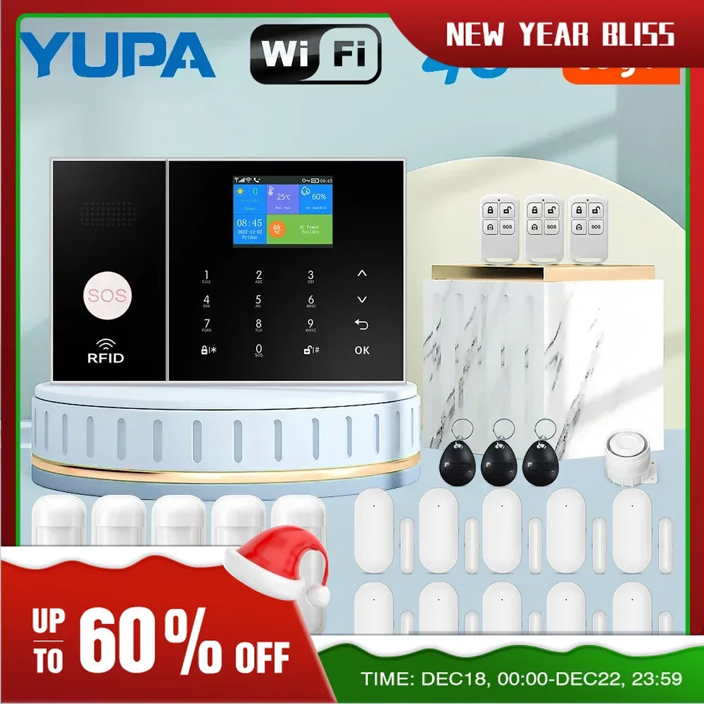 YUPA 4G Home Security Alarm System WIFI Wireless Alarm Kit Tuya Smart Life App Supports Wired Detector Door PIR Infrared Detecto