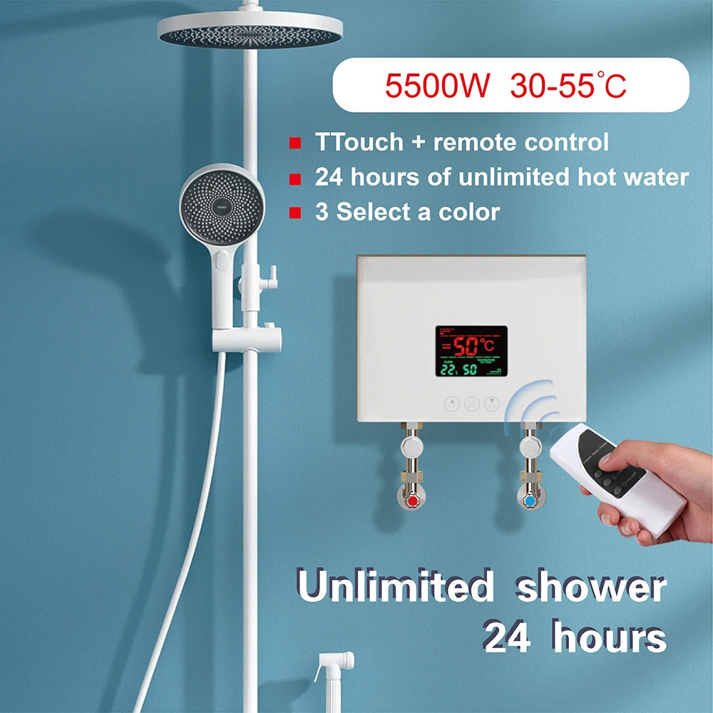 220V 110V Mini Electric Water Heater LCD 5500W Tankless Instantaneous Home Bathroom Shower Hot Water Fast Heating Remote Control