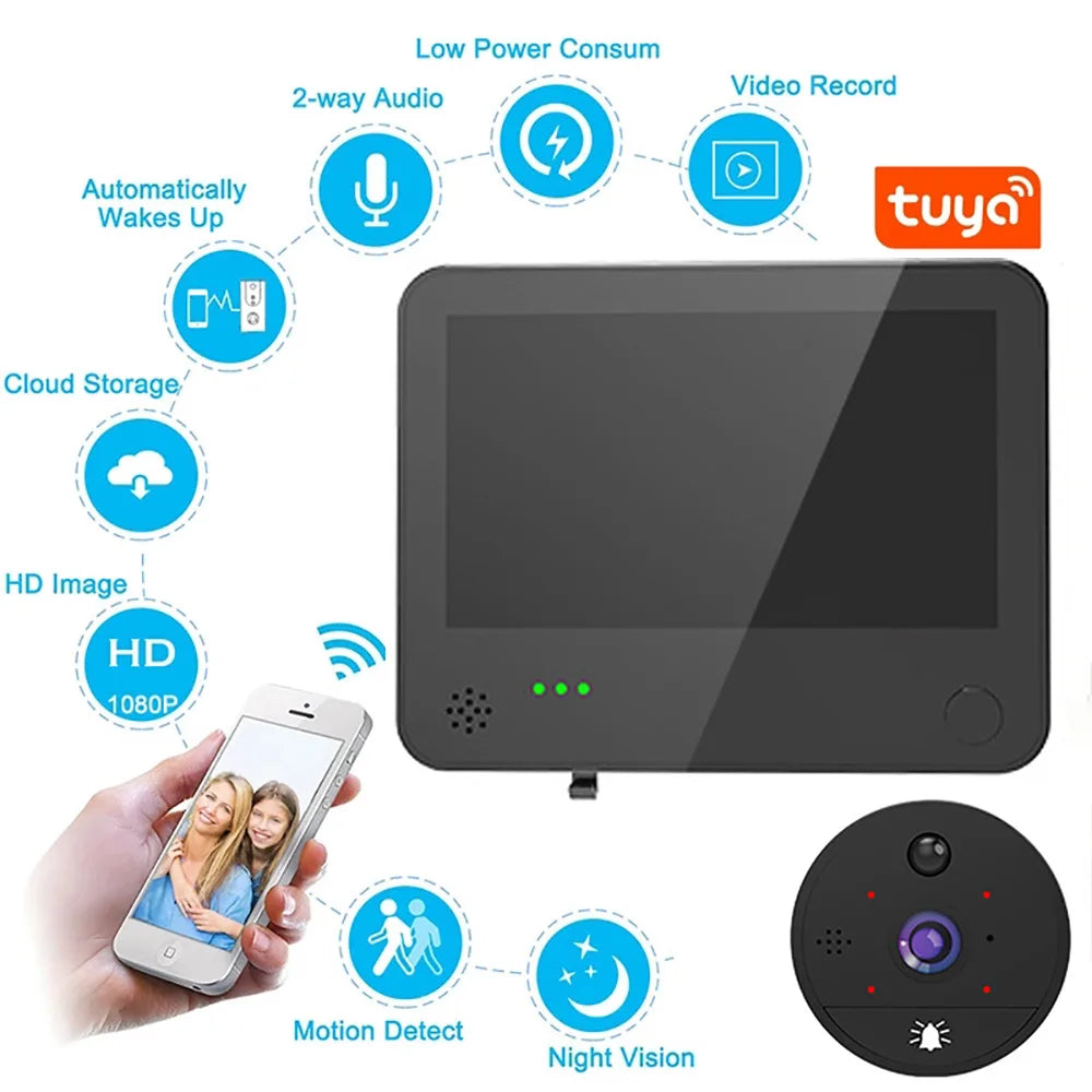 4.3 inch 2MP 1080P Tuya WiFi Doorbell Visual Door Peephole Video Eye Night PIR Home Security Wireless Intercom For IOS Android