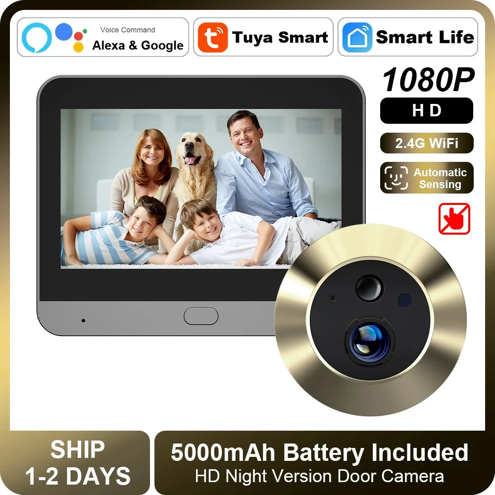 2MP Smart Tuya 2.4G WiFi Doorbell with Camera Automatic Sensing Peephole Door Camera Alexa Google Wireless Doorbell for home