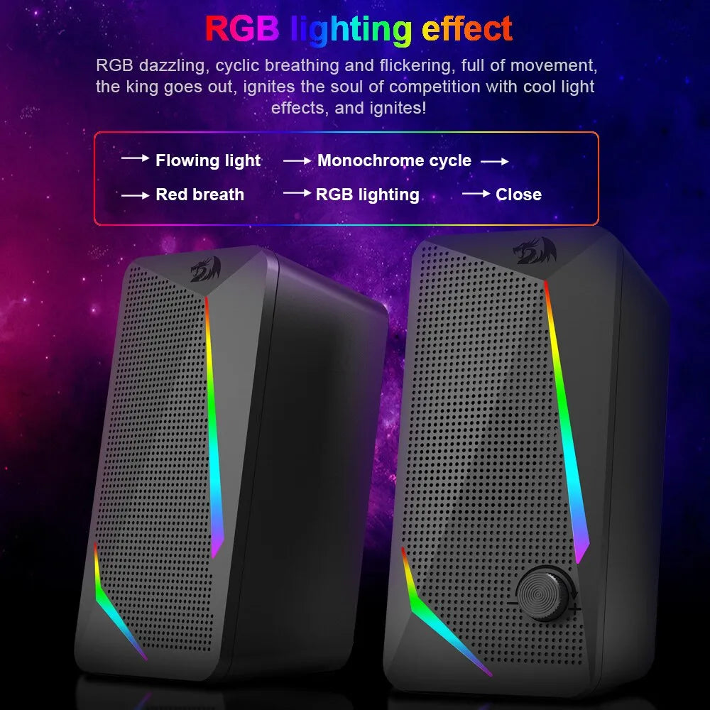 REDRAGON Waltz GS510 3.5mm Aux 2.0 Stereo Surround Music RGB Gaming Speakers Sound Bar for Computer Desktop PC Loudspeakers