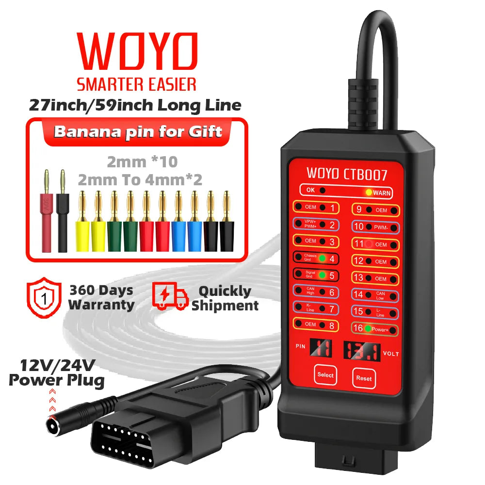 WOYO 12V 24V Car OBD Breakout Box Vehicle OBD2 Diagnostic tool with 27.5/59inch OBD extension cable 16 Pin Automotive CAN Tester