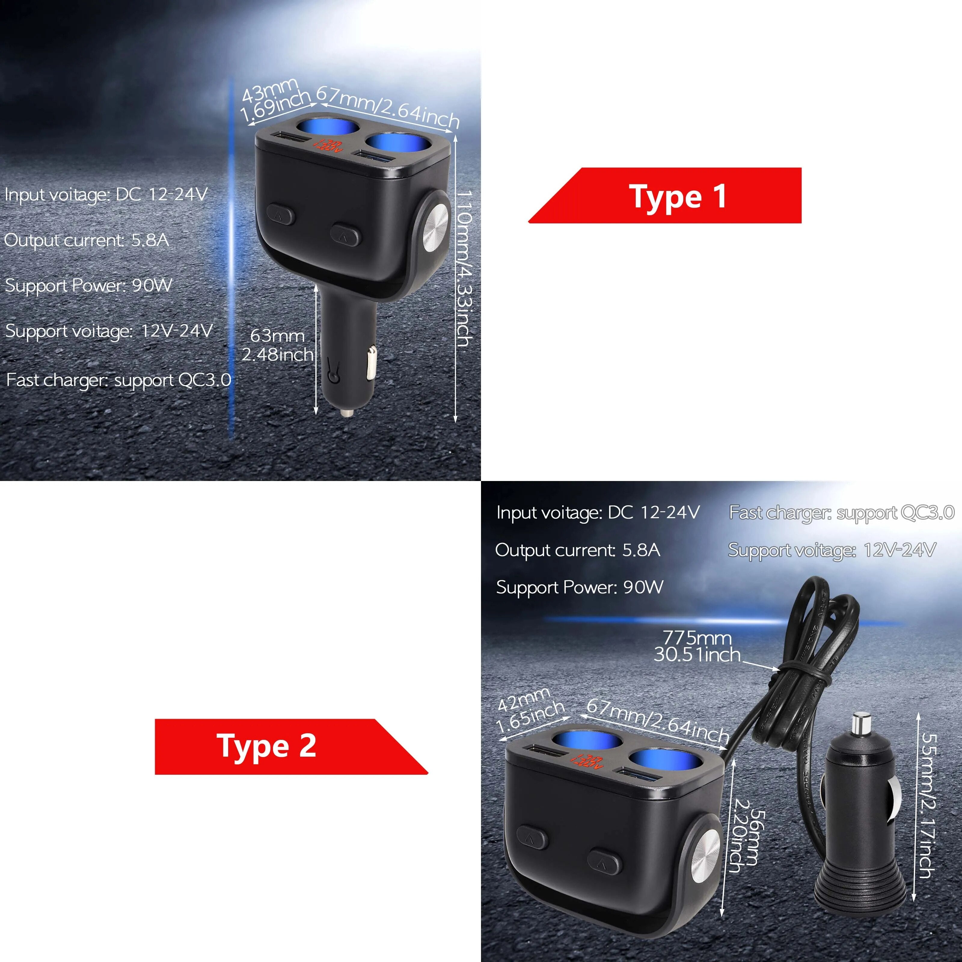 Car Cigarette Lighter Socket Extension Cord Cable USB QC3.0 Quick Charge Power Adapter Plug Phone ipad Charger Splitter Outlet