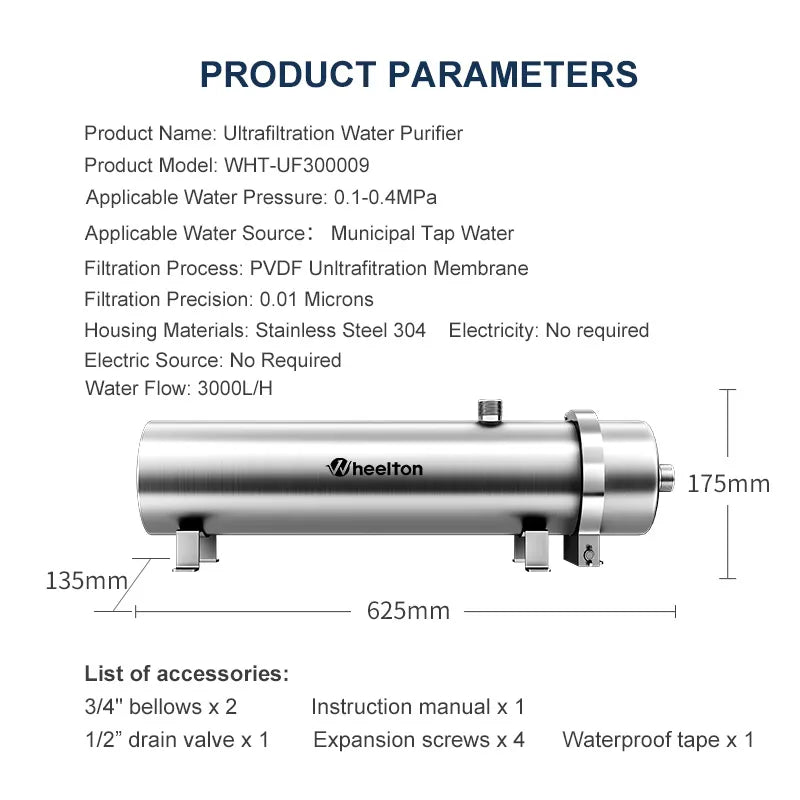 Wheelton 304 Stainless Steel Water Filter PVDF Ultrafiltration Purifier 3000L Commercial Home Kitchen Drink Straight UF Filters