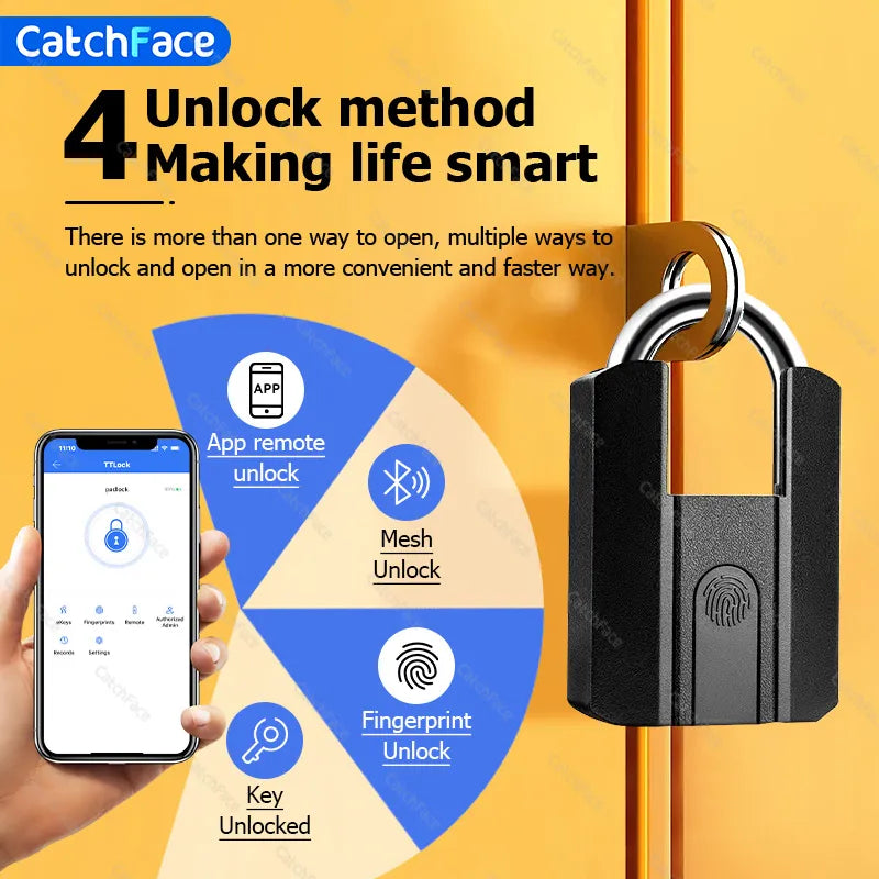 4 Ways Unlock TTlock App Waterproof  Fingerprint Key 13.56khz RFID Card USB Rechargeable Door Lock Smart Padlock Bluetooth