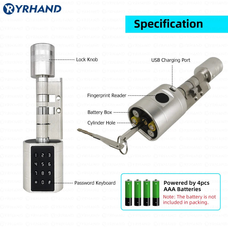 Adjustable Replacement Tuya APP Bluetooth Fingerprint Cylinder Electronic Smart Door Lock Digital Keypad Code Keyless