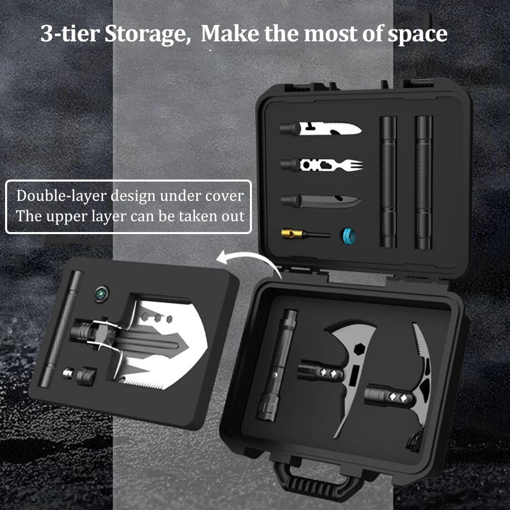 RDDSPON Multipurpose Military Shovel for Outdoor Survival Multipurpose Axe Pickaxe Shovel Compass & Flashlight Camping Tool Set