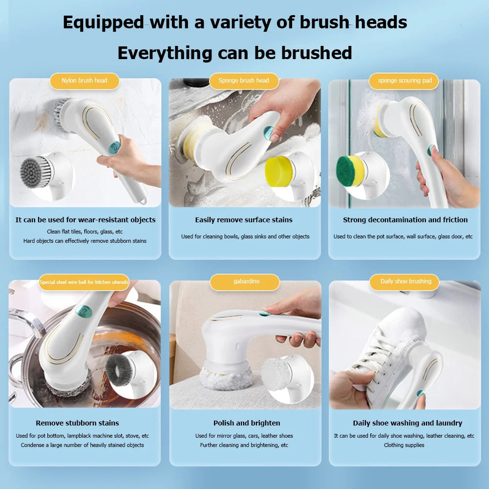 5 In 1 Electric Cleaning Brush Charging Multifunctional Bathroom Wash Kitchen Dryer VentCleaning Tool Dishwashing Brush Bathtub