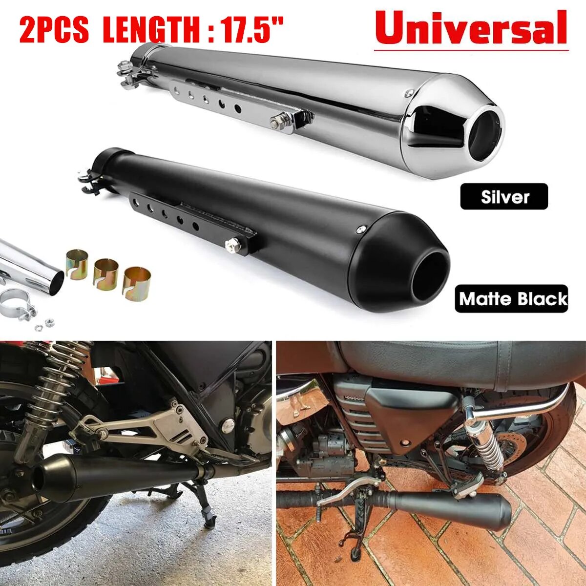 2pc Universal Motorcycle Exhaust Pipe Cafe Racer Modified Tail Exhaust System with Sliding Bracket Matte For Honda/Yamaha/Suzuki