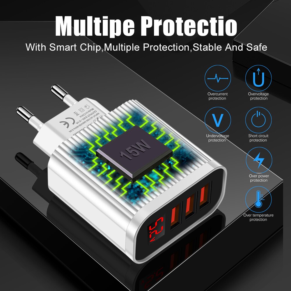 3 Ports USB Quick Charging 3.0 Wall Charger Cell Phone Fast Charging Mobile Phone Adapter with LED Digital Display for iPhone