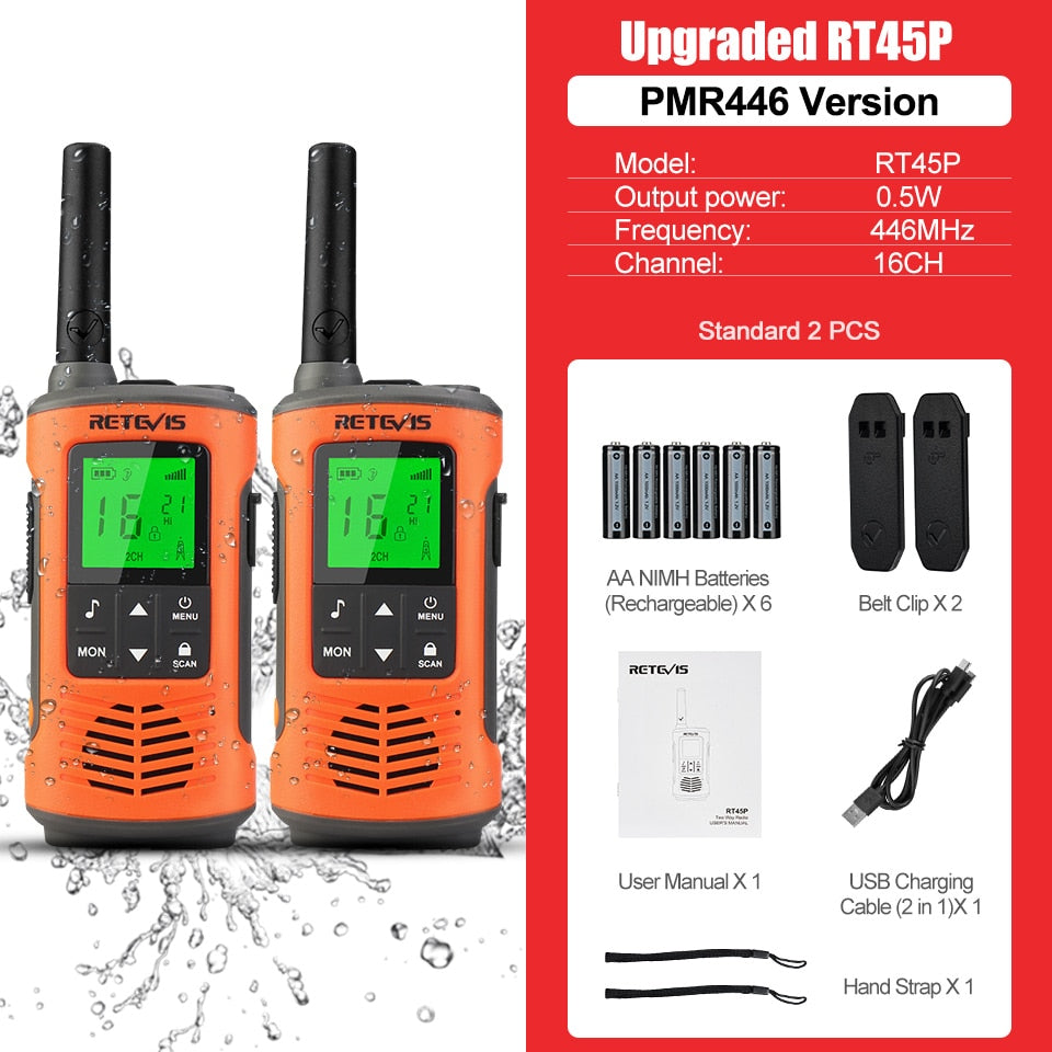 Retevis IP67 Waterproof Walkie Talkie 2 pcs Two-way Radio Receiver RT45 RT45P PMR446 for Motorola Rechargeable Walkie-Talkies