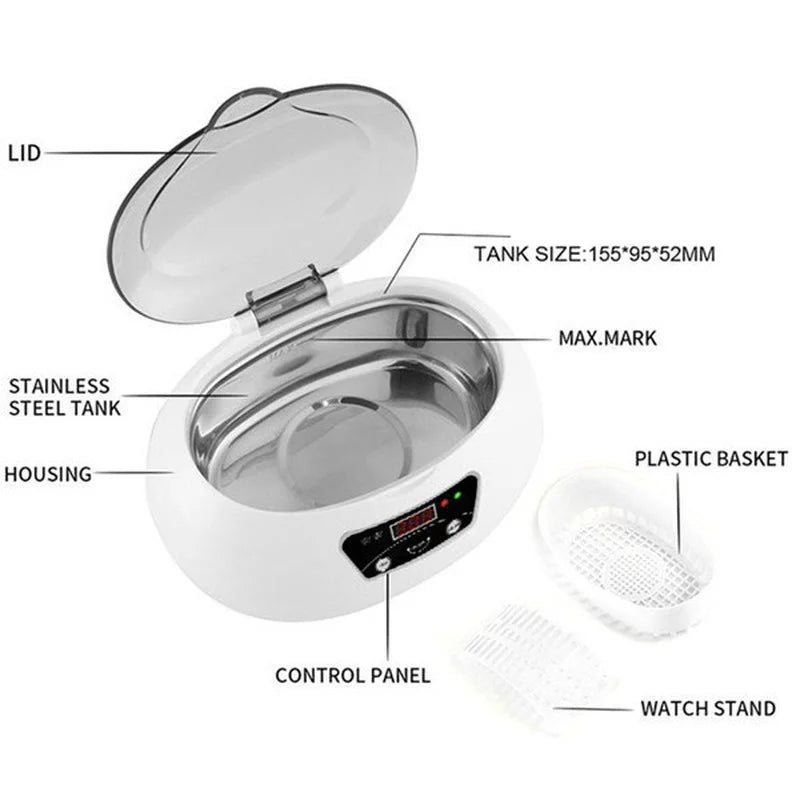 600ML Ultrasonic Cleaner Bath Timer for Jewelry Glasses Dental Razor Brush Sonic Vibration Washing Machine Ultrasound Cleaner