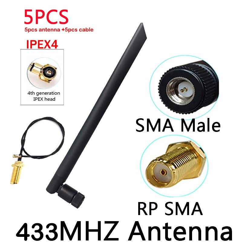 EOTH 5pcs 433Mhz Antenna 5dbi SMA Male 433 MHz IOT Antena Rubber Aerial Wireless Repeater Lorawan IPEX1 4 MHF4 PIGTAIL EXTERNAL