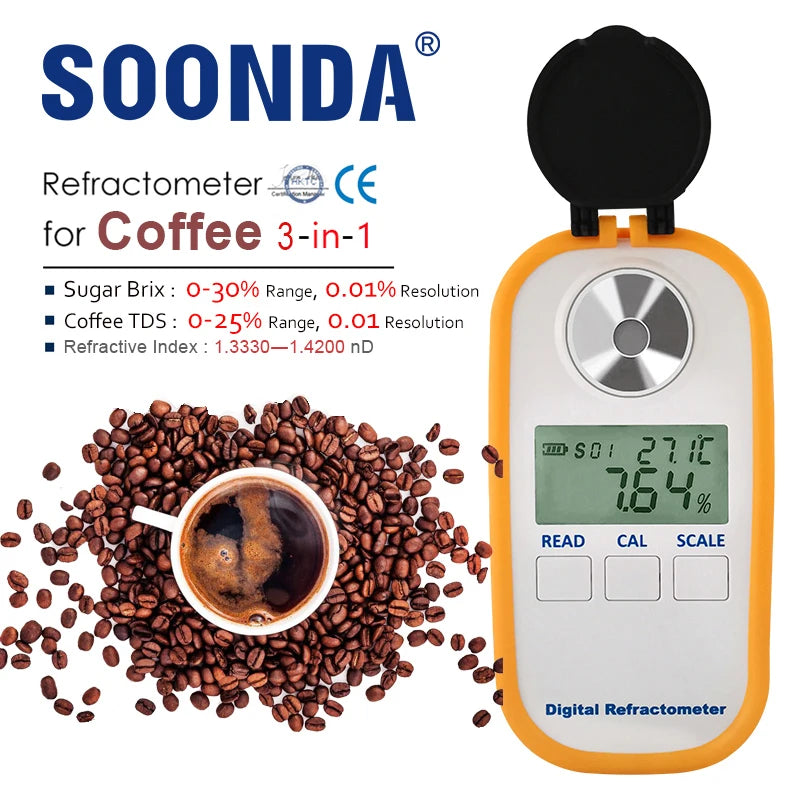 3-in-1 Auto Digital Coffee Refractometer Coffee 0-25% TDS Brix Hydrometer Concentration Optometry Equipment Autorefractometer
