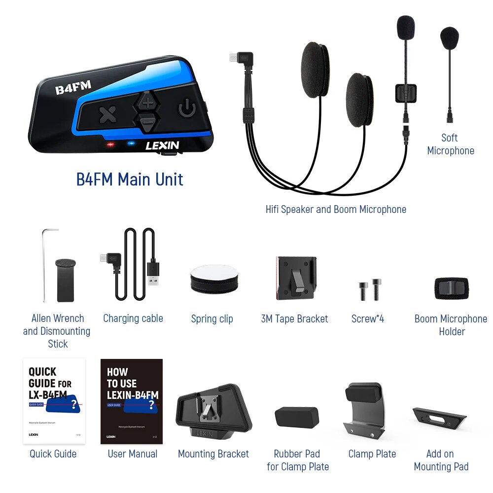 Lexin b4fm-x motorcycle intercom & helmet headset 10 Rider 2000m Bluetooth music sharing fast charging motorcycle intercom