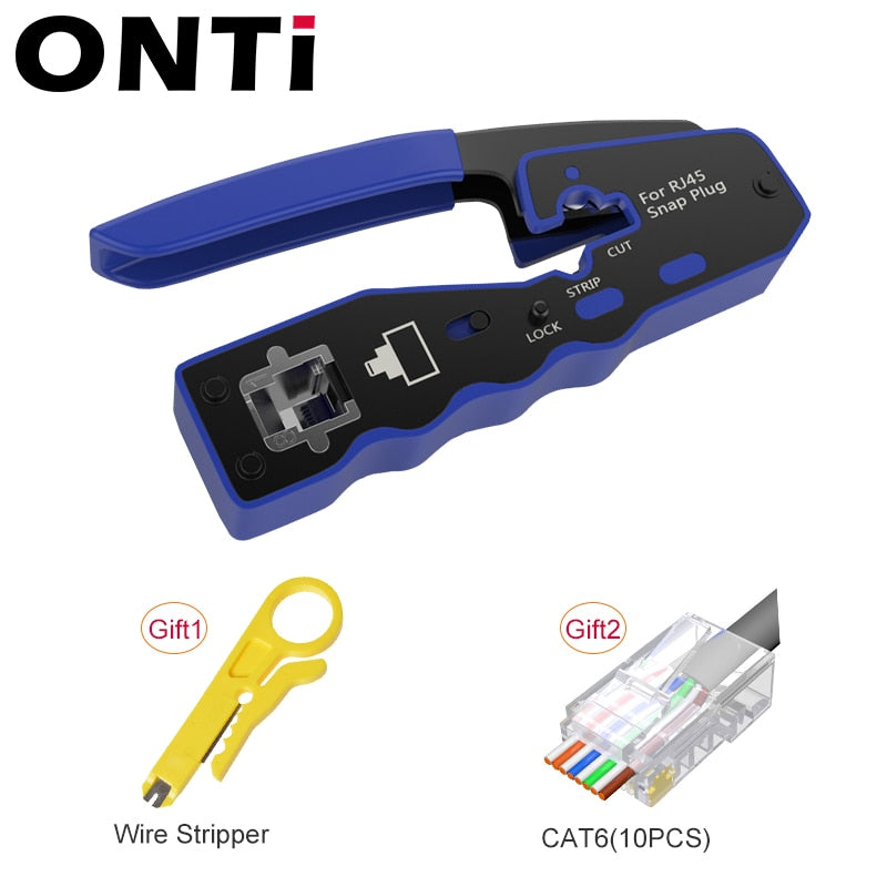 ONTi RJ45 Pass Through Crimper Tool and Rj45 Connector, Ethernet Crimper Crimping Tool Wire Stripper Cutter for Cat6a Cat5