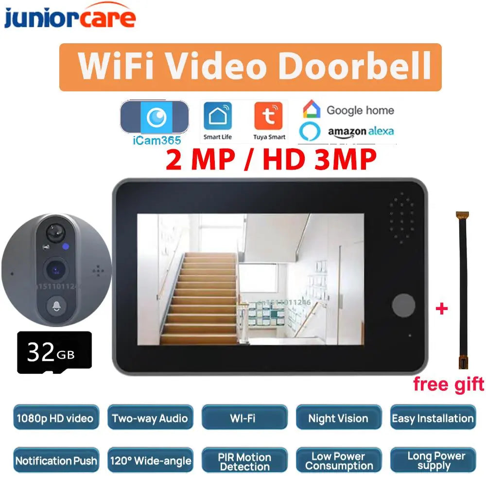 New Tuya Smart WiFi Video DoorBell 1080P Eye Peephole Camera 5000mAh 3MP Audio Intercom 4.3 PIR Infrared Alexa Call Door Viewer