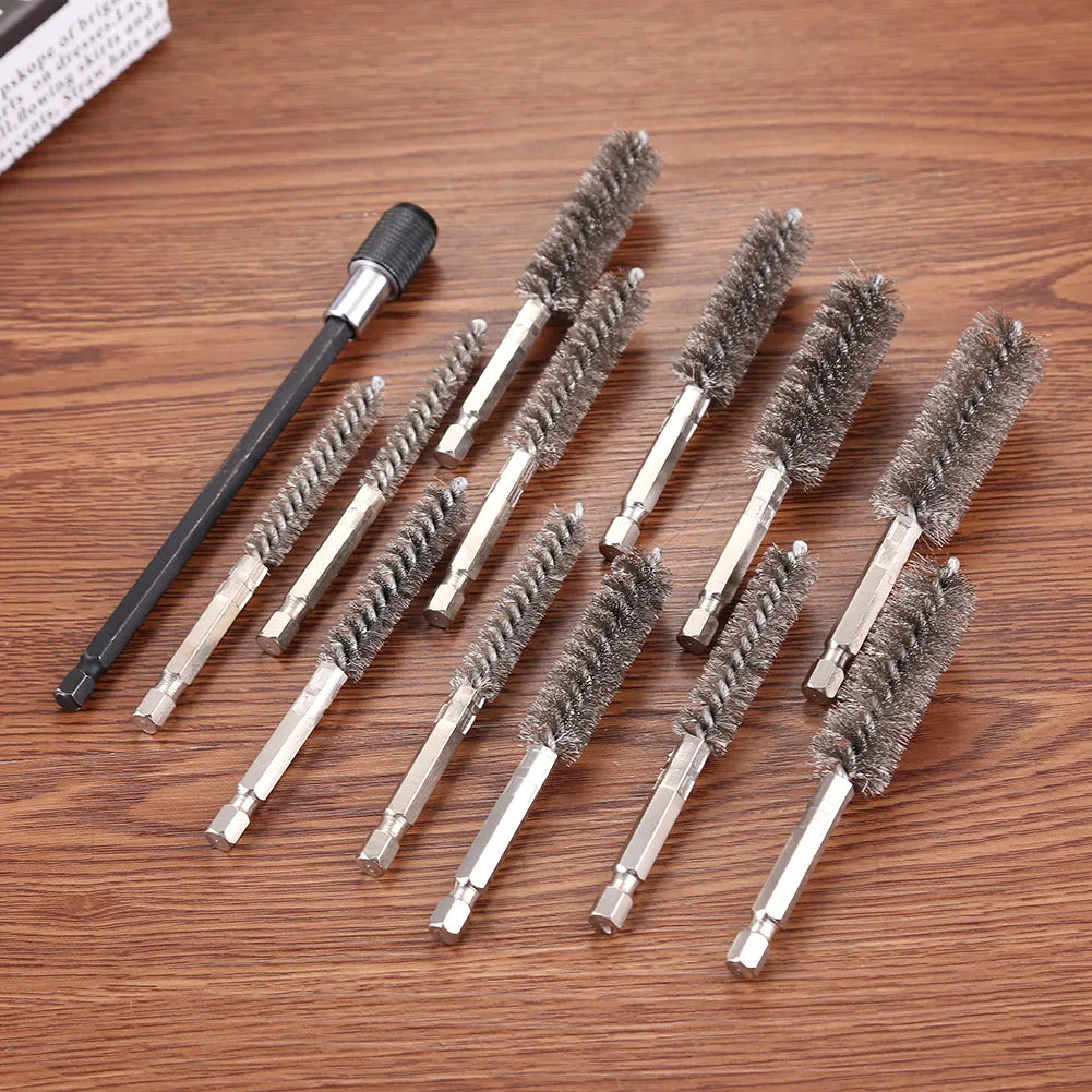 12pcs Electric Impact Drill Hex Shank Brush Car Paint Remover Wire Rust Cleaner with Rod Machinery Polishing Grinding Tool Set