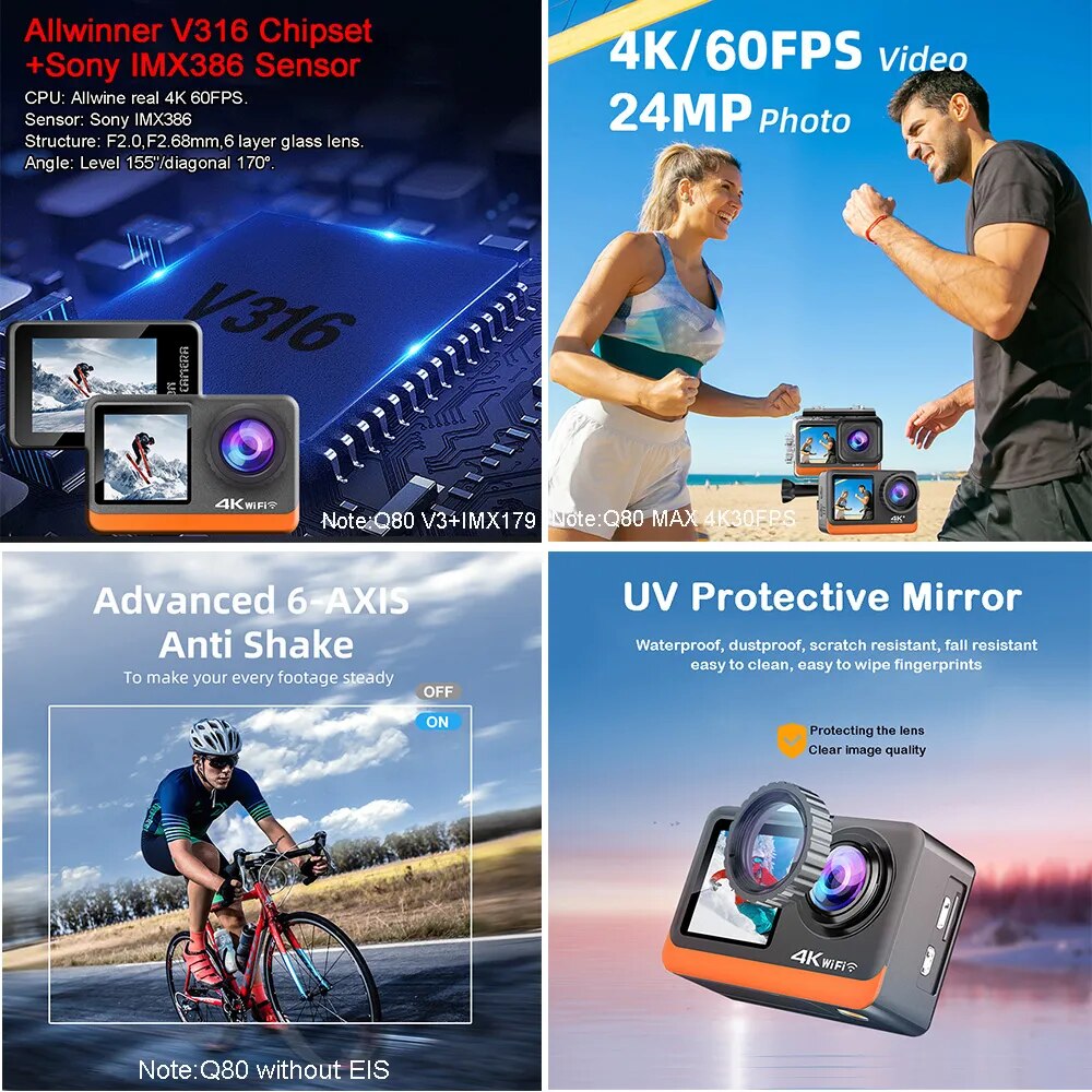 2" Touch IPS Dual Screen Action Camera 4K60FPS 24MP Wi-Fi 170D EIS Optional Filter 1080P Webcam Go Sport Pro Underwater 30M Cam