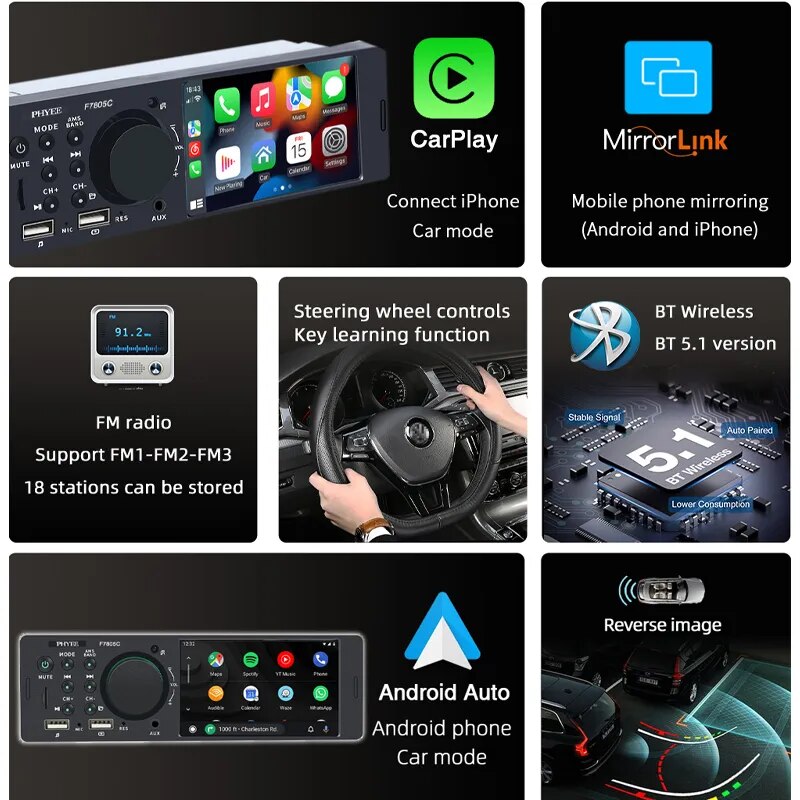 Car Radio CarPlay 1 Din 4 Inches Android-Auto Bluetooth Mirror Link MP5 Player Hand Free A2DP USB Audio System Head Unit F7805C