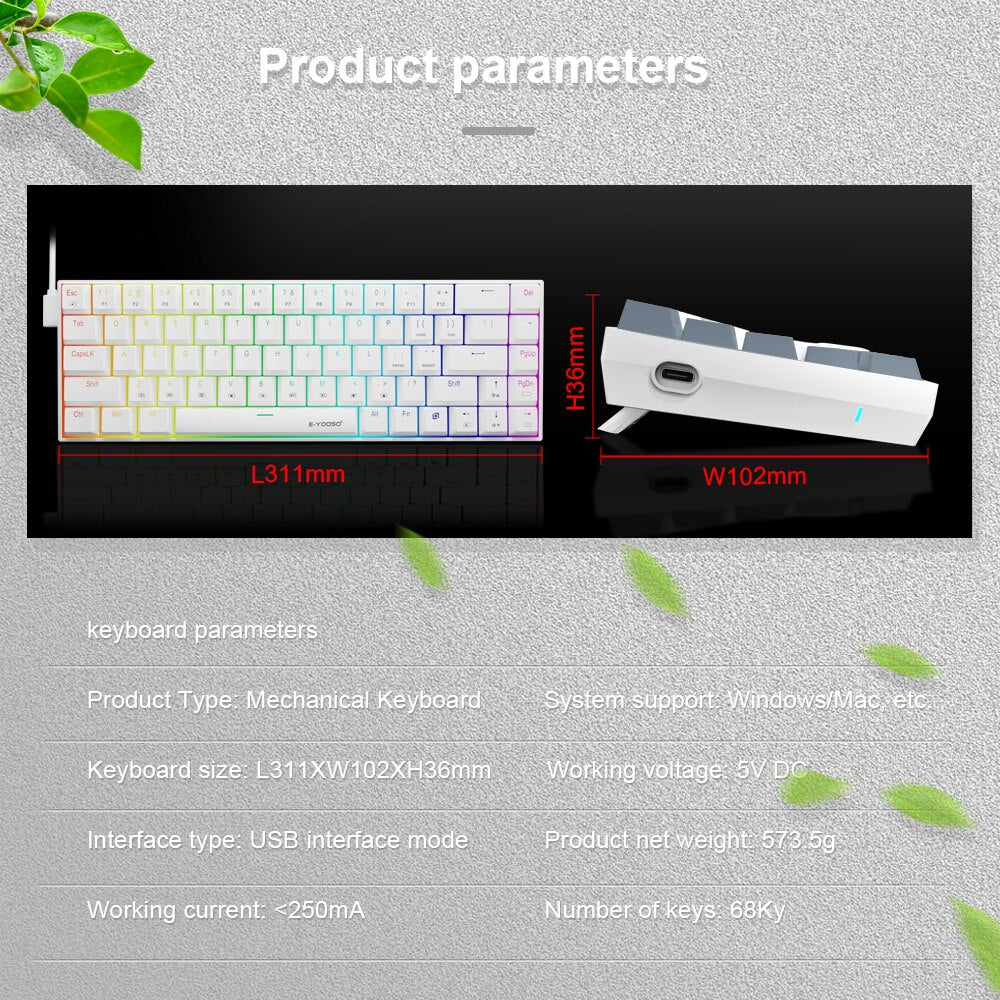 E-YOOSO Z686 RGB USB 60% Mini Slim Mechanical Gaming Wired Keyboard Red Switch 68 Keys Russian Brazilian Portuguese for Compute