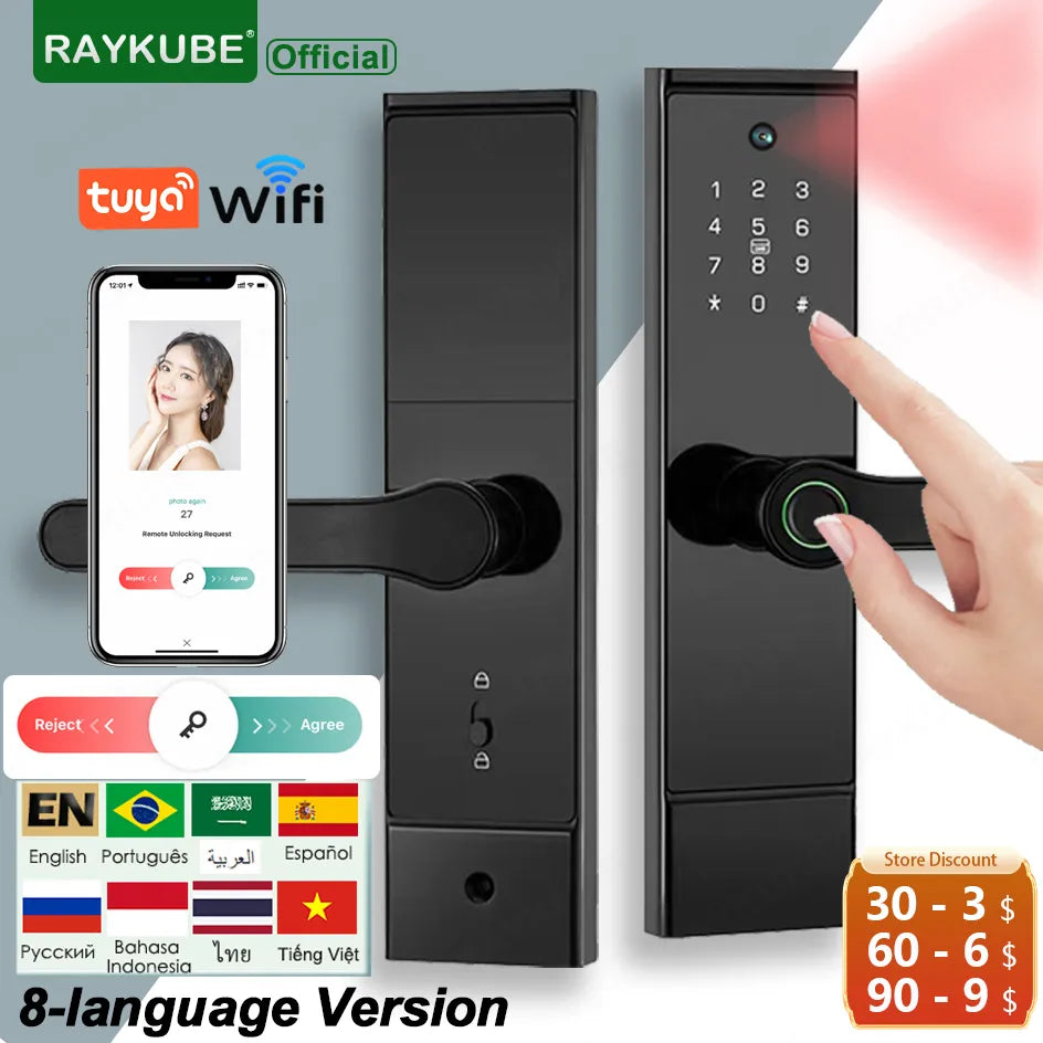 RAYKUBE P10 Tuya Wifi peephole HD Camera Fingerprint Digital Smart Door Lock With Built-in Gateway APP Remote Unlock 8-language